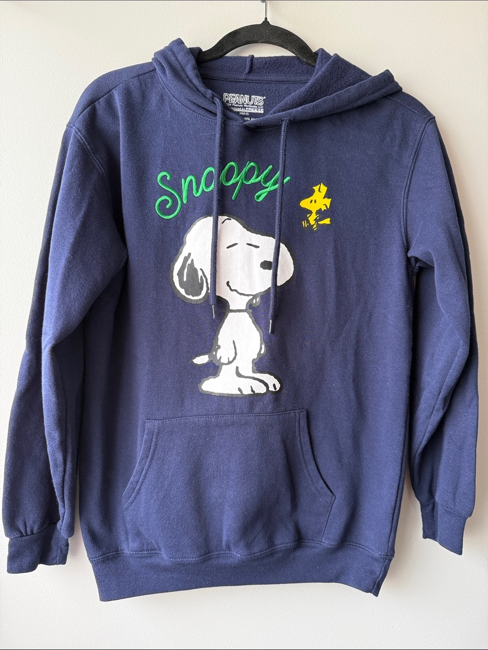Peanuts Navy Hoodie with Snoopy & Yellow Woodstock Graphic Embroidered